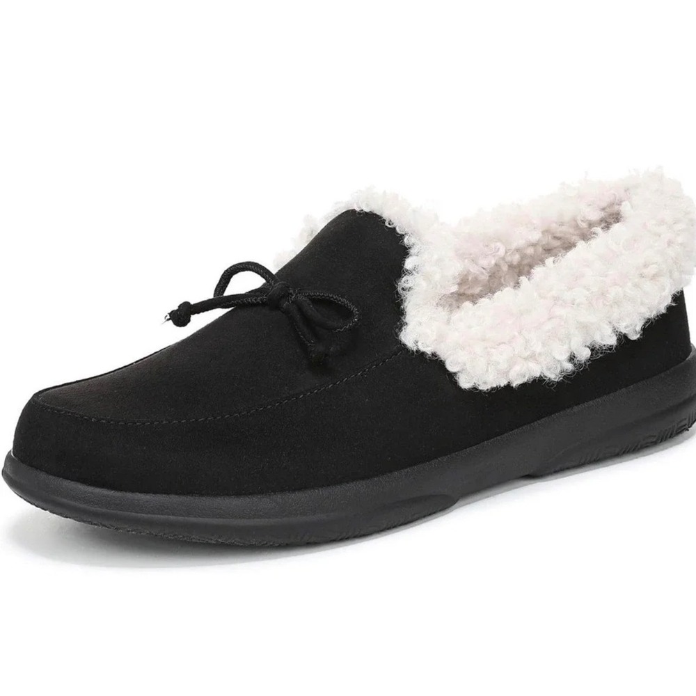 Vionic Claribel Black Faux Fur Lined Moccasin Slippers Womens 9 Orthotic Support